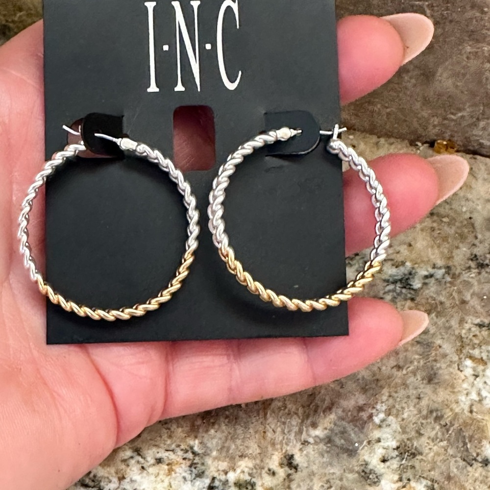 INC Two Tone Rope Hoop Earrings - Picture 6 of 6